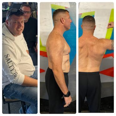 Front, back and side profile of client 6 month weight loss journey.