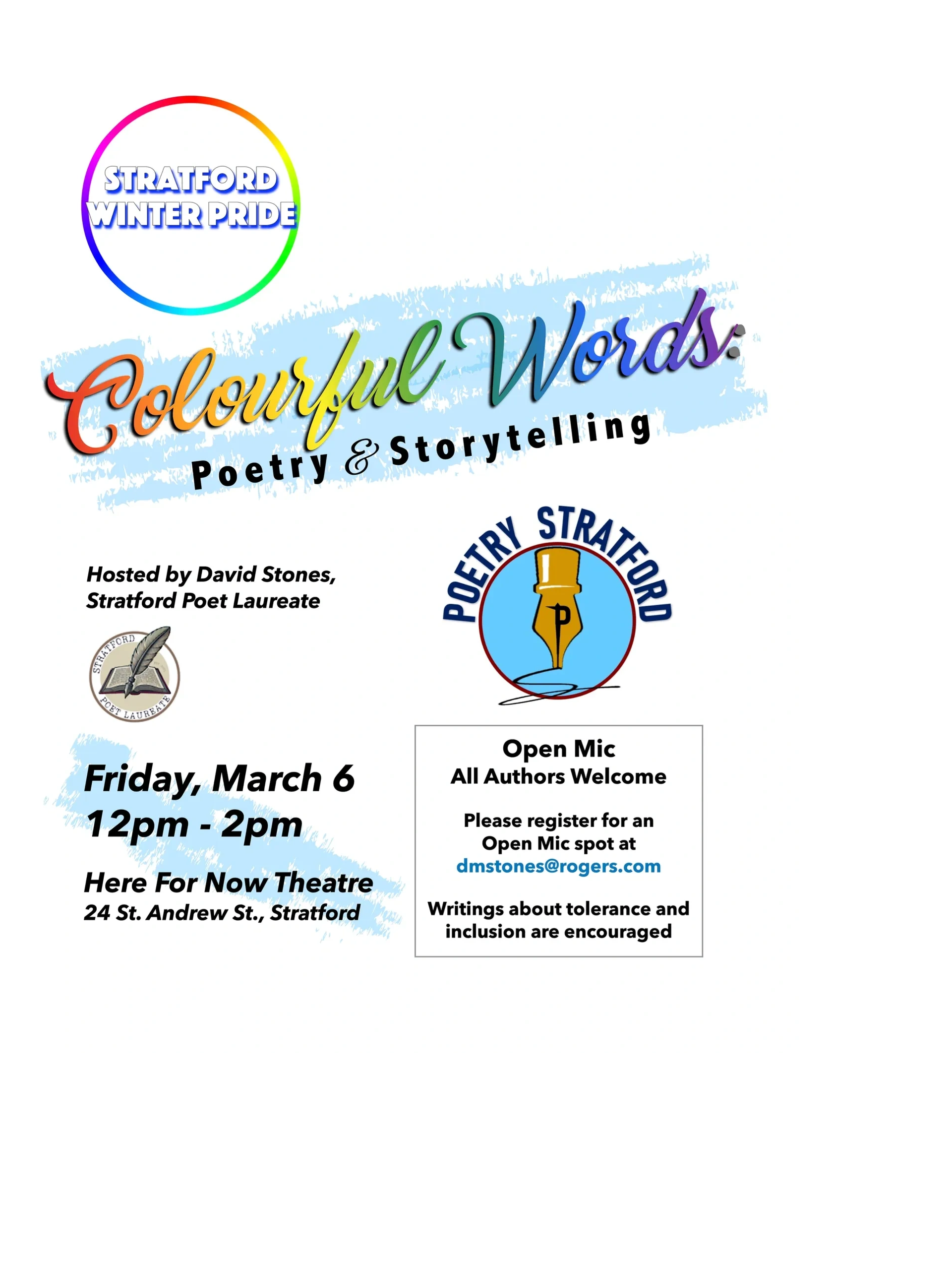  Join Stratford's Poet Laureate and our Colourful Words host, David Stones, for this lively session 