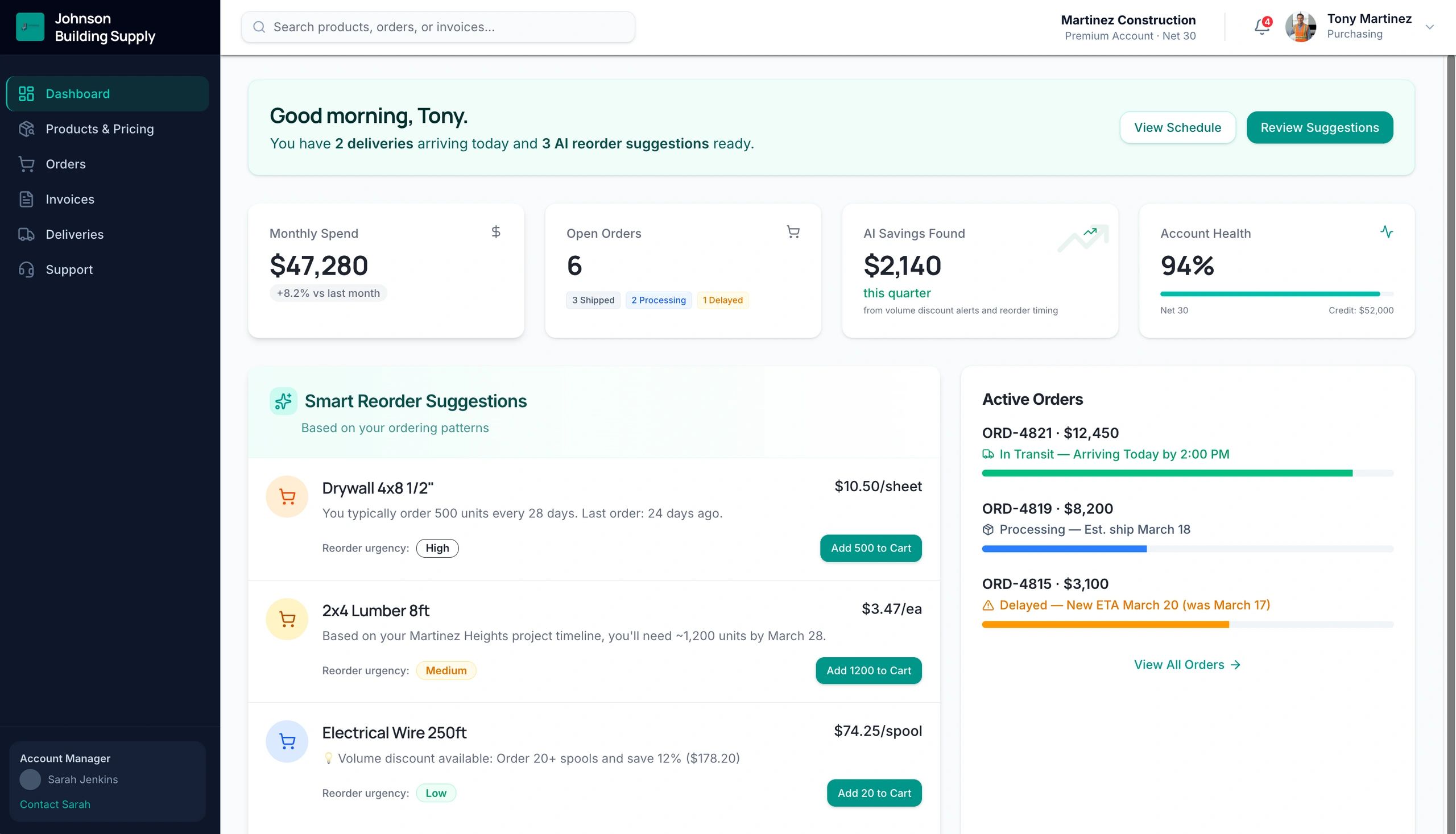 B2B customer portal with AI reorder suggestions, order tracking, and spend analytics