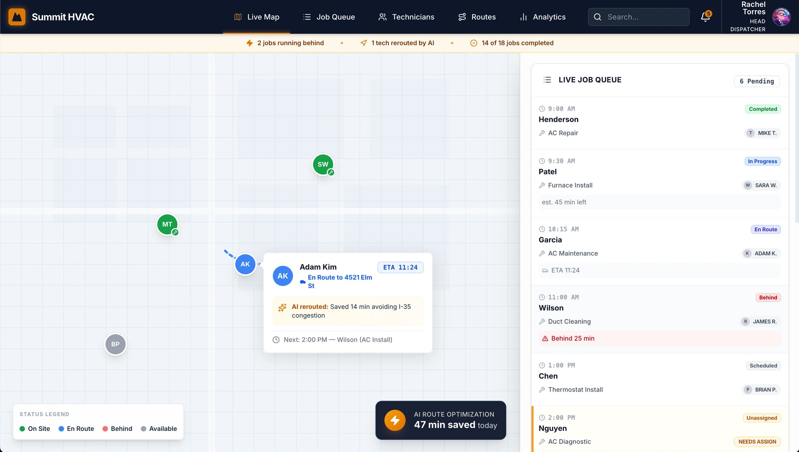 AI dispatch command center with live map, tech tracking, and route optimization