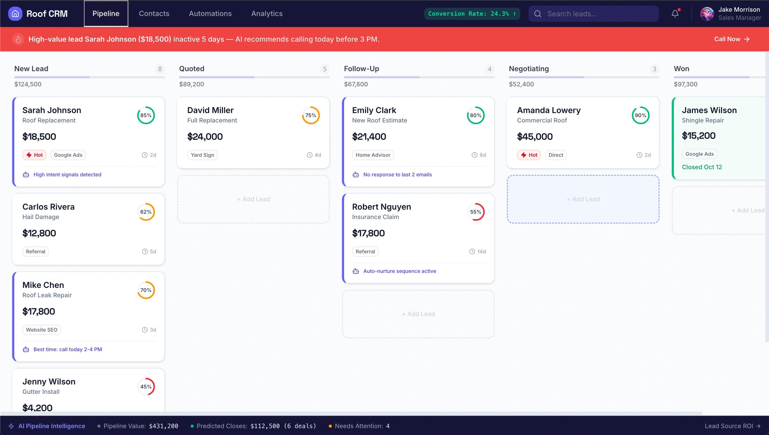 AI-powered CRM with lead scoring, pipeline Kanban, and close probability predictions