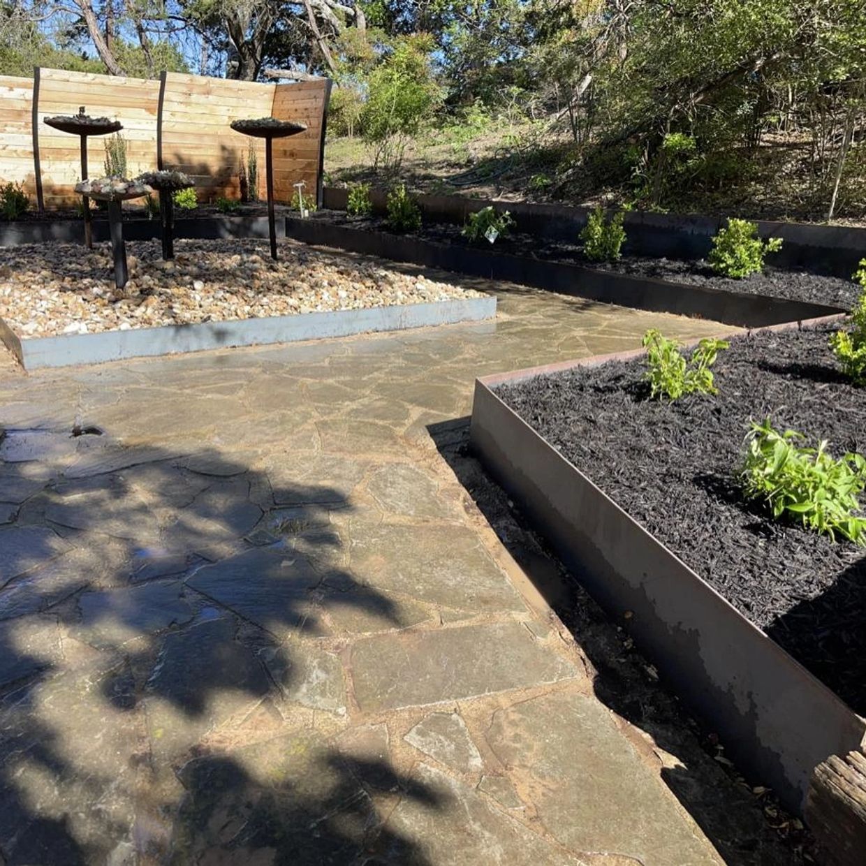 Backyard plantation garden water saving irrigation installment masonry landscaping 