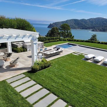 Beautiful view of a private renovated lawn and terrace overlooking the San Francisco Bay