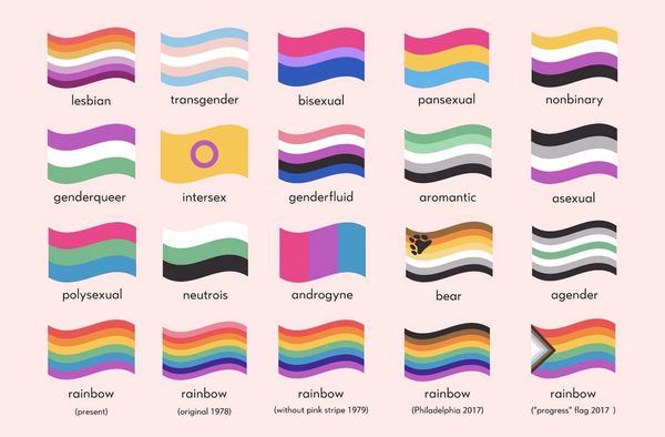 Various LGBTQ+ flags with labels and historical versions of the rainbow flag.
