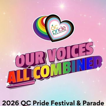 Colorful 2026 OC Pride Festival &amp; Parade logo with vibrant text and rainbow hearts.