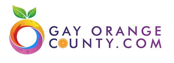 Colorful logo for GayOrangeCounty.com featuring a stylized orange with leaves.