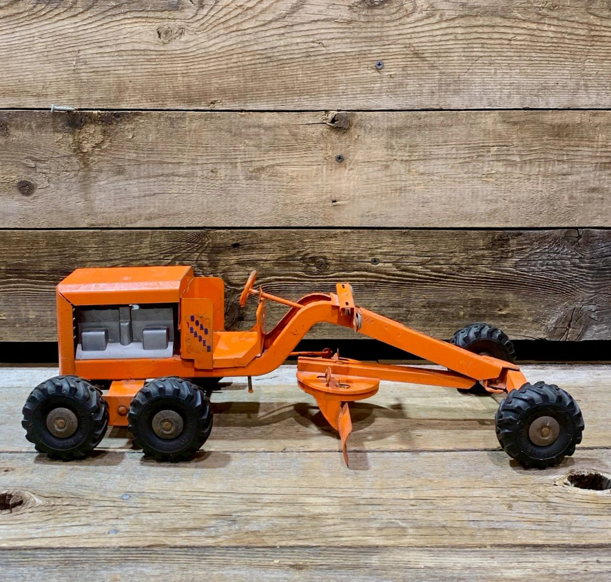 1950s Structo Toys, Road Grader, Orange, Pressed Steel