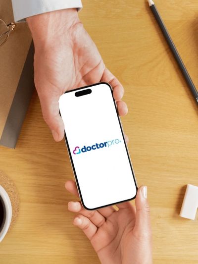 Two hands exchanging a smartphone with DoctorPro app on screen.