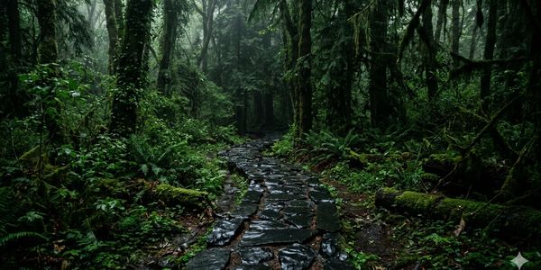 A stone path through a dense, misty forest.