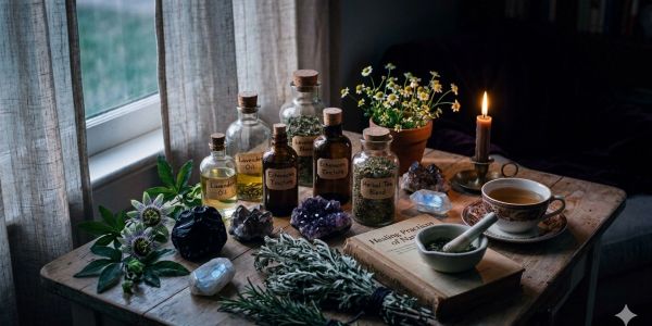 A cozy herbal medicine setup with bottles, plants, crystals, and a lit candle.
