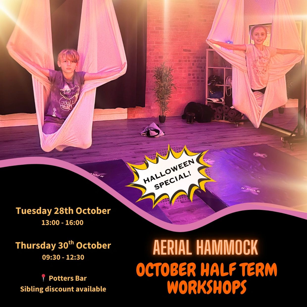 Halloween workshop, half term, school holidays, aerial hammock, yoga, barnet, herts, potters bar
