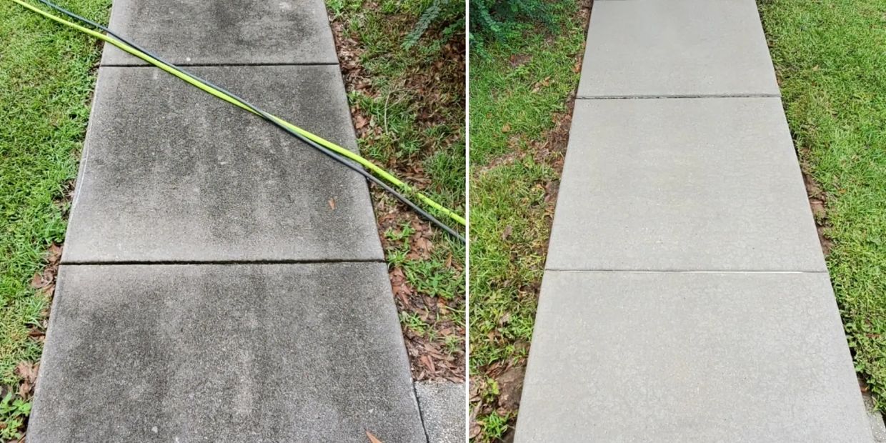 Sidewalk cleaning Tallahassee FL removing algae and stains with professional pressure washing.