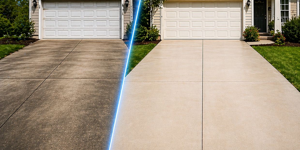 Professional driveway cleaning in Tallahassee, FL with dramatic before and after results. High-press