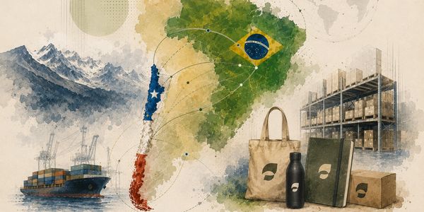 Mapa ilustrado de Brasil y Chile conectado por una red comercial regional que representa sourcing estratégico, abastecimiento corporativo, desarrollo de productos, logística, validación de proveedores y comercio B2B en Latinoamérica.