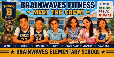 Brainwaves Fitness Elementary School kids and mascot.