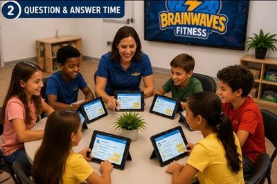 Teacher and kids using tablets in a classroom for Q&amp;A session.