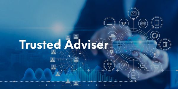 Digital concept of a trusted adviser with futuristic icons and data overlays.