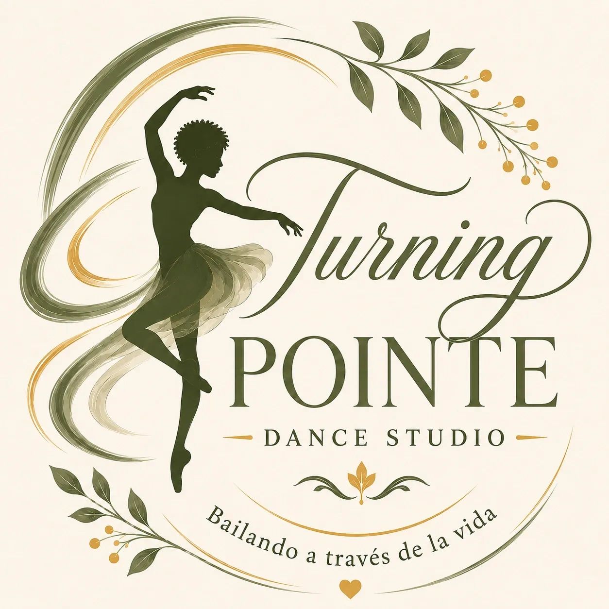 Elegant ballet logo with dancer silhouette and floral accents.