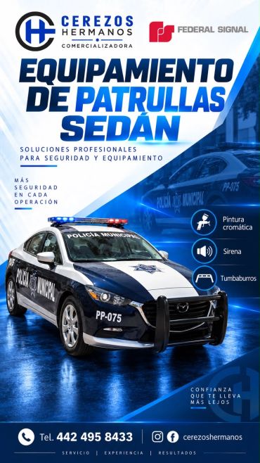 Publicidad de equipo para patrullas sedán de policía municipal.