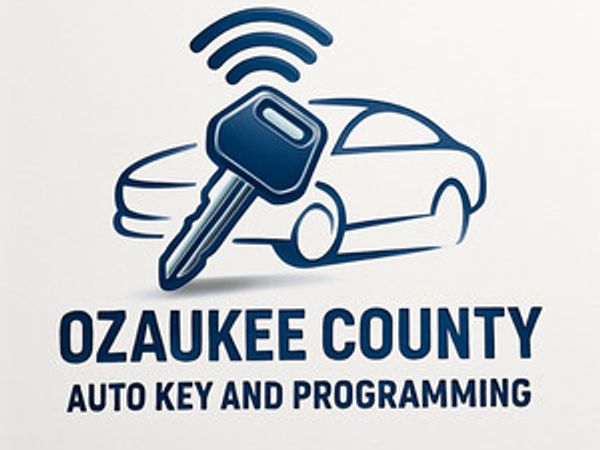 Logo for Ozaukee County Auto Key and Programming featuring a car and key with wireless signal.