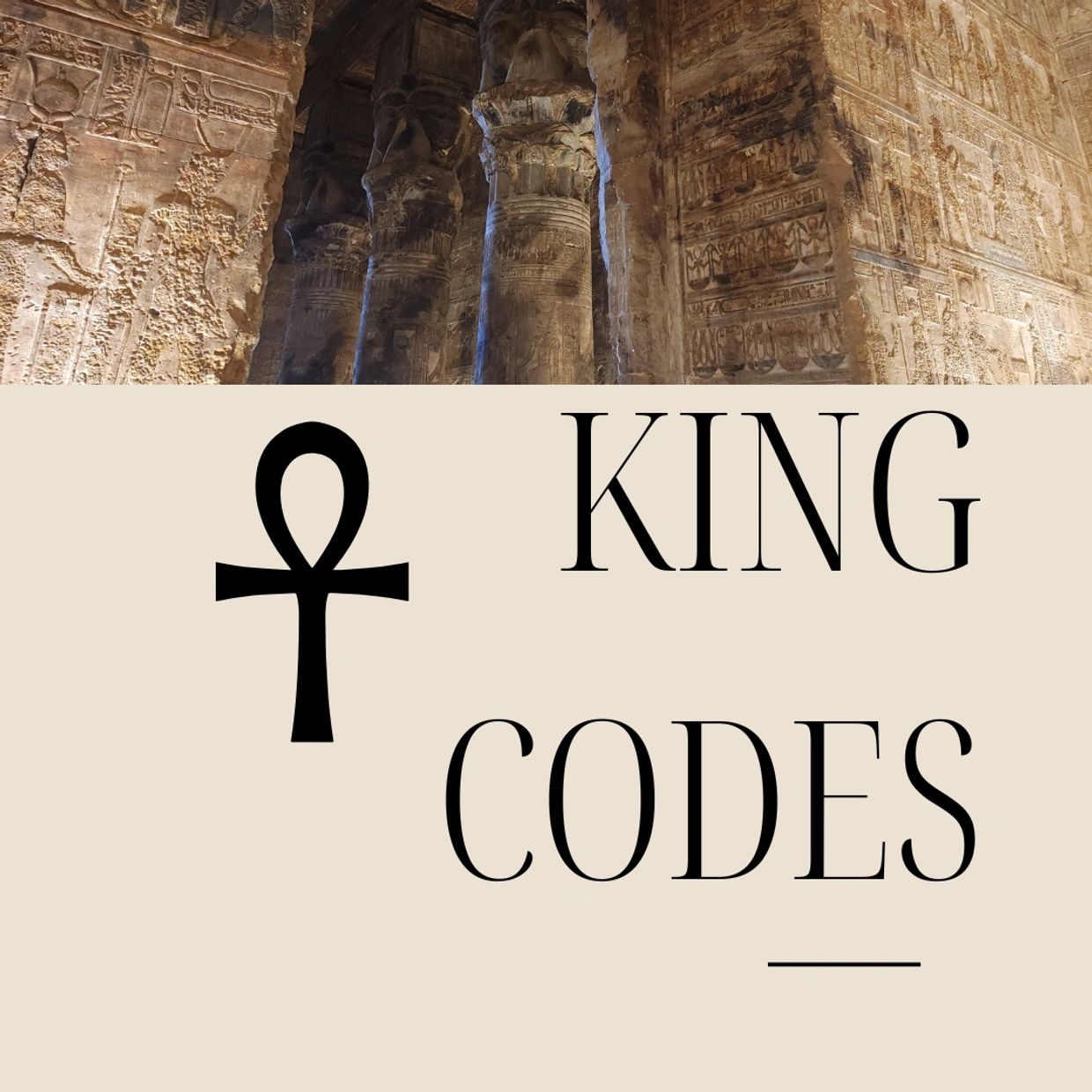 Ancient Egyptian temple pillars with hieroglyphs and an Ankh symbol alongside 'King Codes' text.