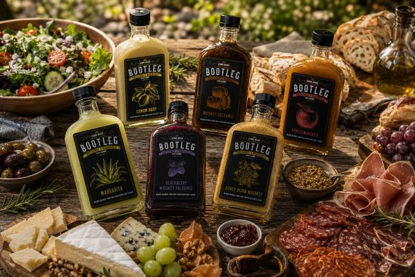 Various Bootleg vinegar bottles surrounded by cheese, charcuterie, and salad.