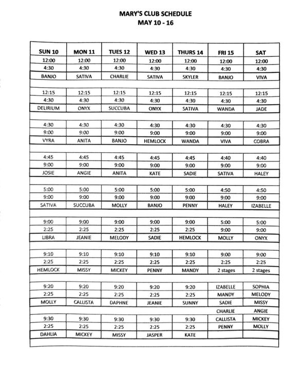 Mary's club schedule from May 10 to 16 listing times and names.