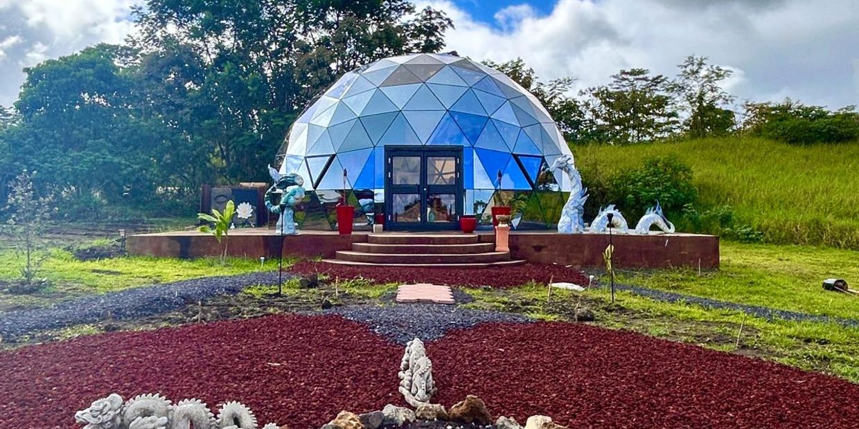 Reflective geodesic dome in a natural setting.