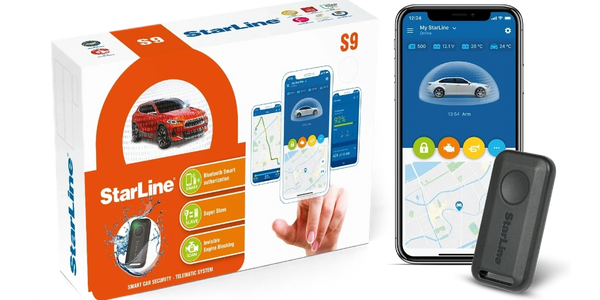 starline S9 vehicle security system a phone showing the app and a starline tag