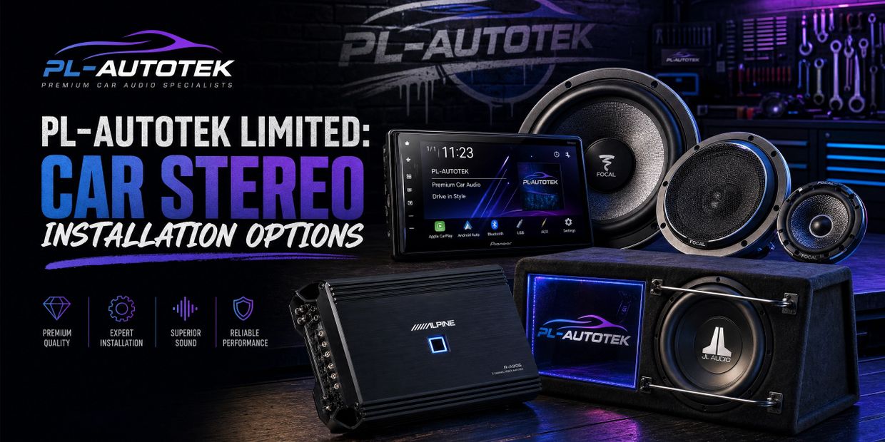 High-end car audio components including head unit, speakers, amplifier, and subwoofer, arranged in a