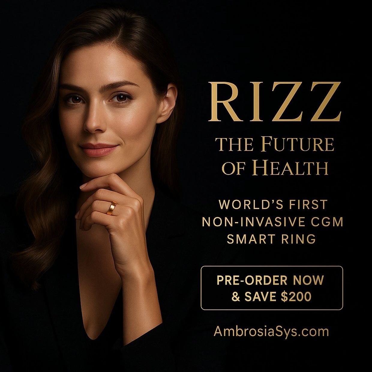 Elegant woman showcasing the RIZZ non-invasive CGM smart ring for health monitoring.