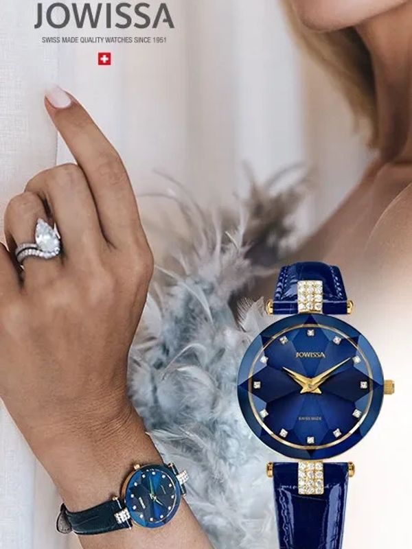 Elegant Jowissa Swiss watch with blue dial and diamond accents on a wrist.