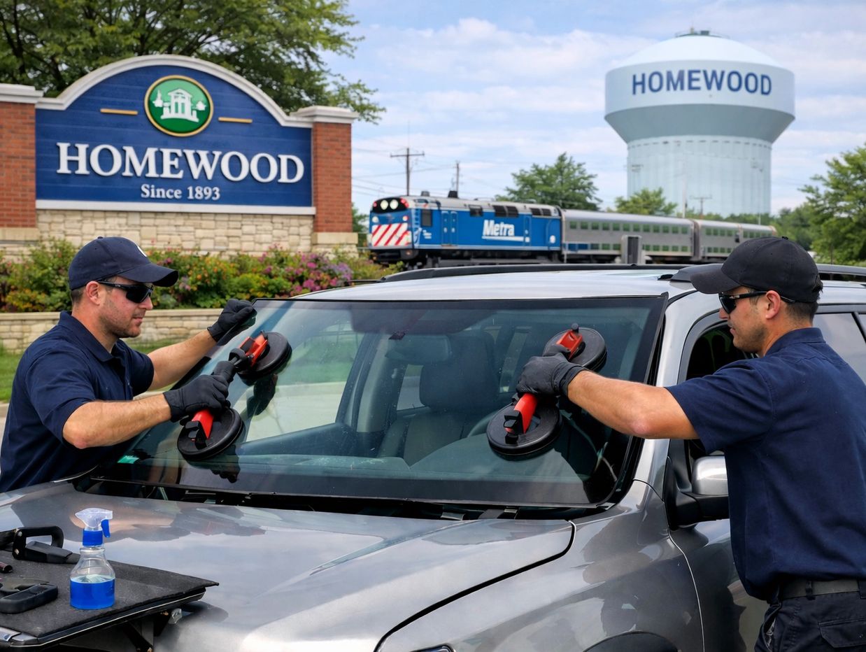Auto glass technicians replacing SUV windshield
