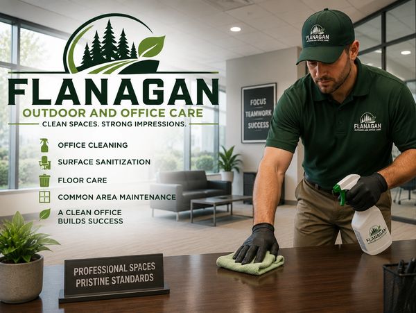 Professional cleaning service maintaining an office space with disinfectant and cloth.