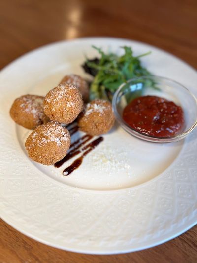 Fire Roasted Red Pepper, Basil and Goats' Cheese Arancini with Tomato Salsa