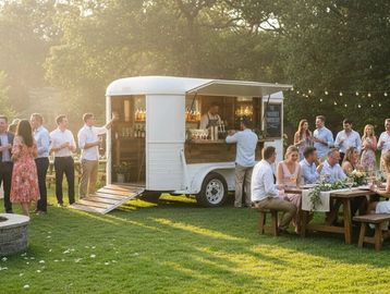 Outdoor gathering with a vintage mobile bar and guests mingling in the sun.