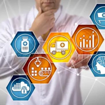 Person interacting with healthcare technology icons.