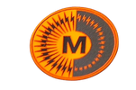 A circular emblem with an orange and black design featuring the letter M.