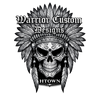 A skull wearing a Native American headdress with text 'Warrior Custom Designs'.