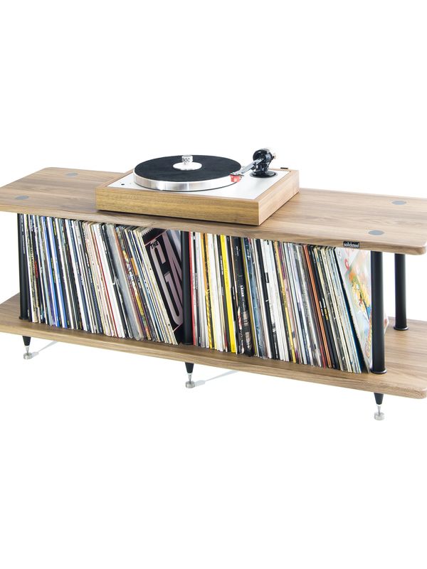 SolidSteel Home Audio stand with a Turntable and vinyl records.