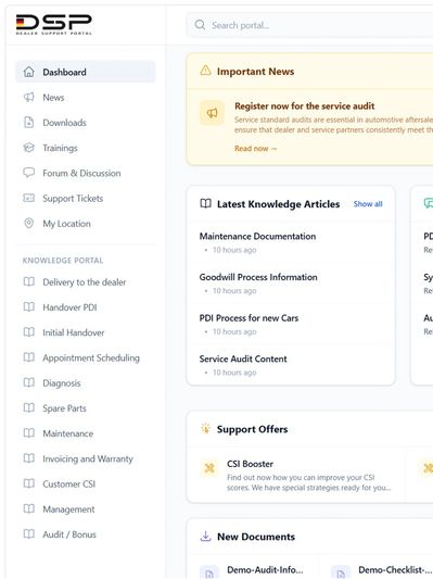 Dashboard of a dealer support portal with navigation and updates.