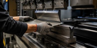Persona manipulando una máquina de plegado en una fábrica.