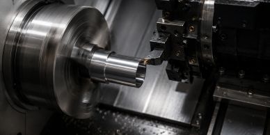 Torno CNC mecanizando una pieza metálica.