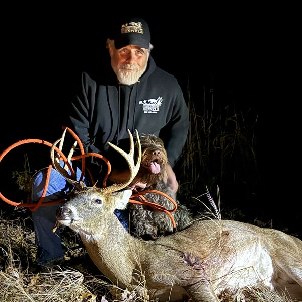 Man poses with a deer and his dog at night.