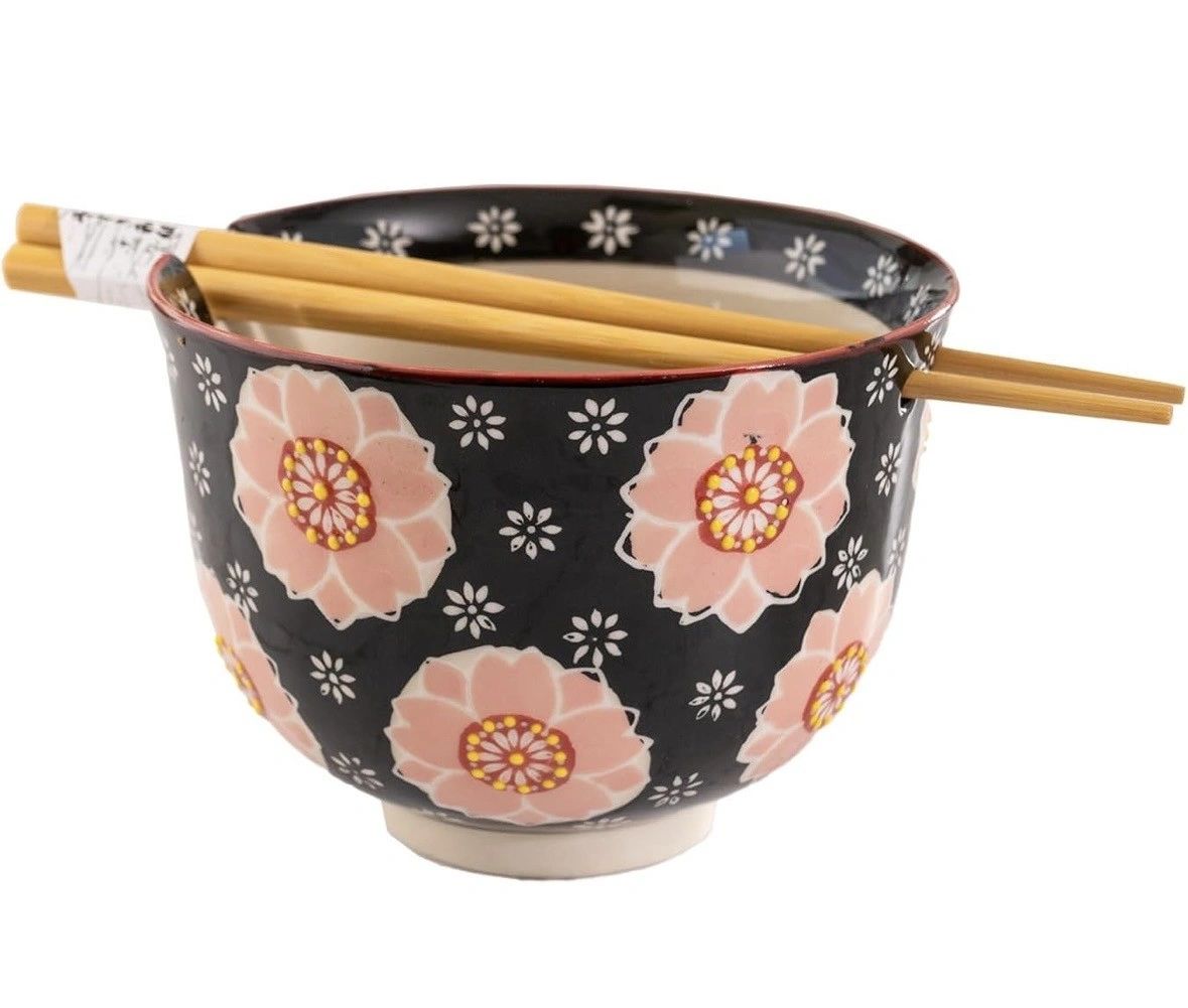 Urban Tokyo Handpainted Ceramic Glazed Japanese Ramen Udon Noodle Rice Bowl With Chopsticks - Sakura Cherry Blossoms