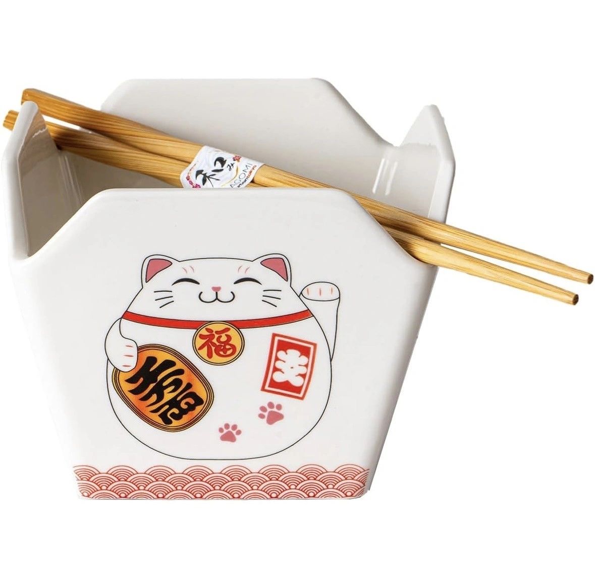 Urban Tokyo Chinese Takeout Box Style Porcelain Bowl With Chopsticks - Lucky Cat