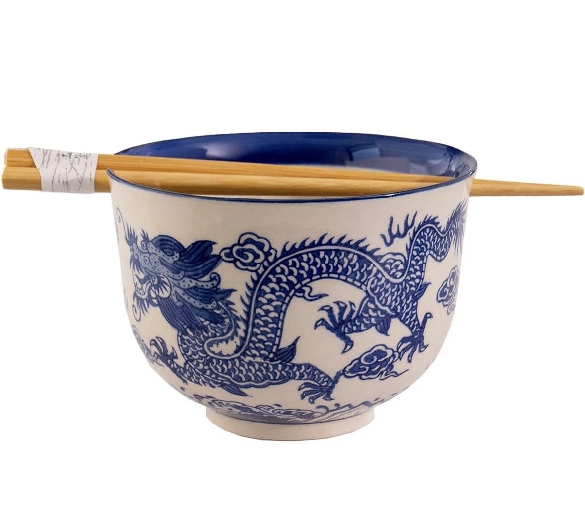 Urban Tokyo Handpainted Ceramic Glazed Japanese Ramen Udon Noodle Rice Bowl With Chopsticks - Oriental Dragon Blue