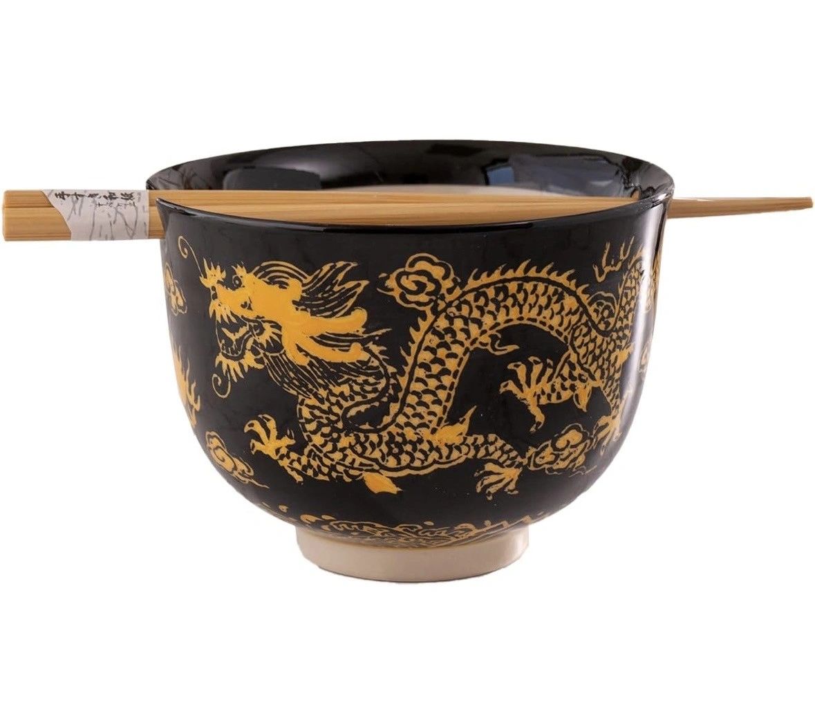 Urban Tokyo Handpainted Ceramic Glazed Japanese Ramen Udon Noodle Rice Bowl With Chopsticks - Oriental Dragon Black