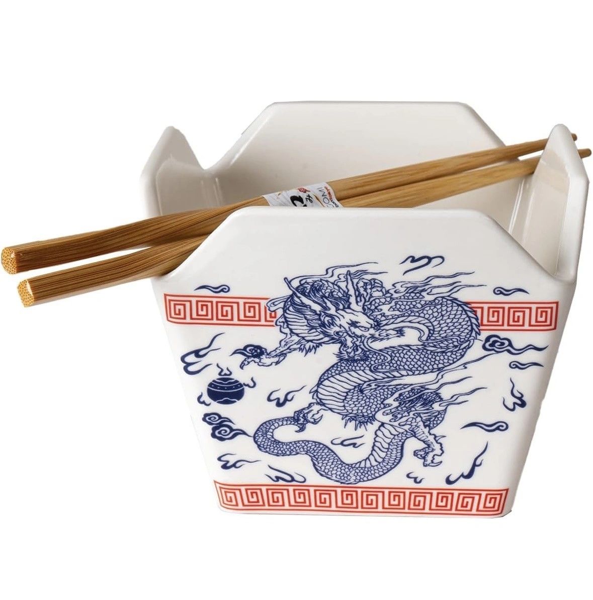 Urban Tokyo Chinese Takeout Box Style Porcelain Bowl With Chopsticks - Oriental Dragon