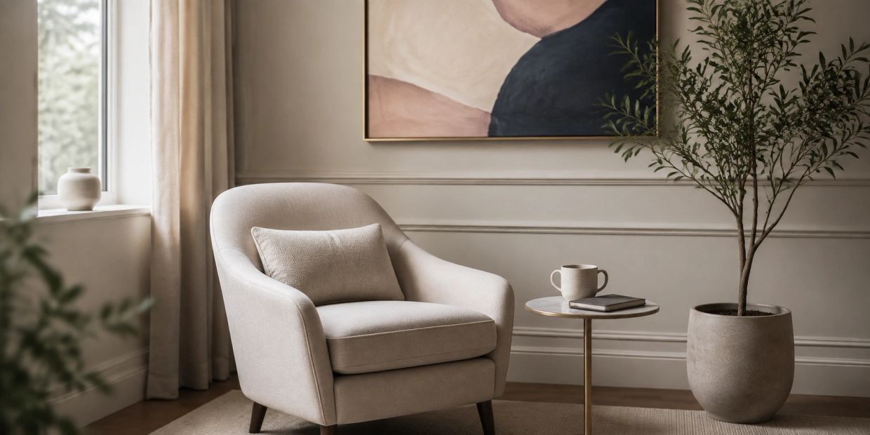Cozy beige armchair in a stylish living room corner.
